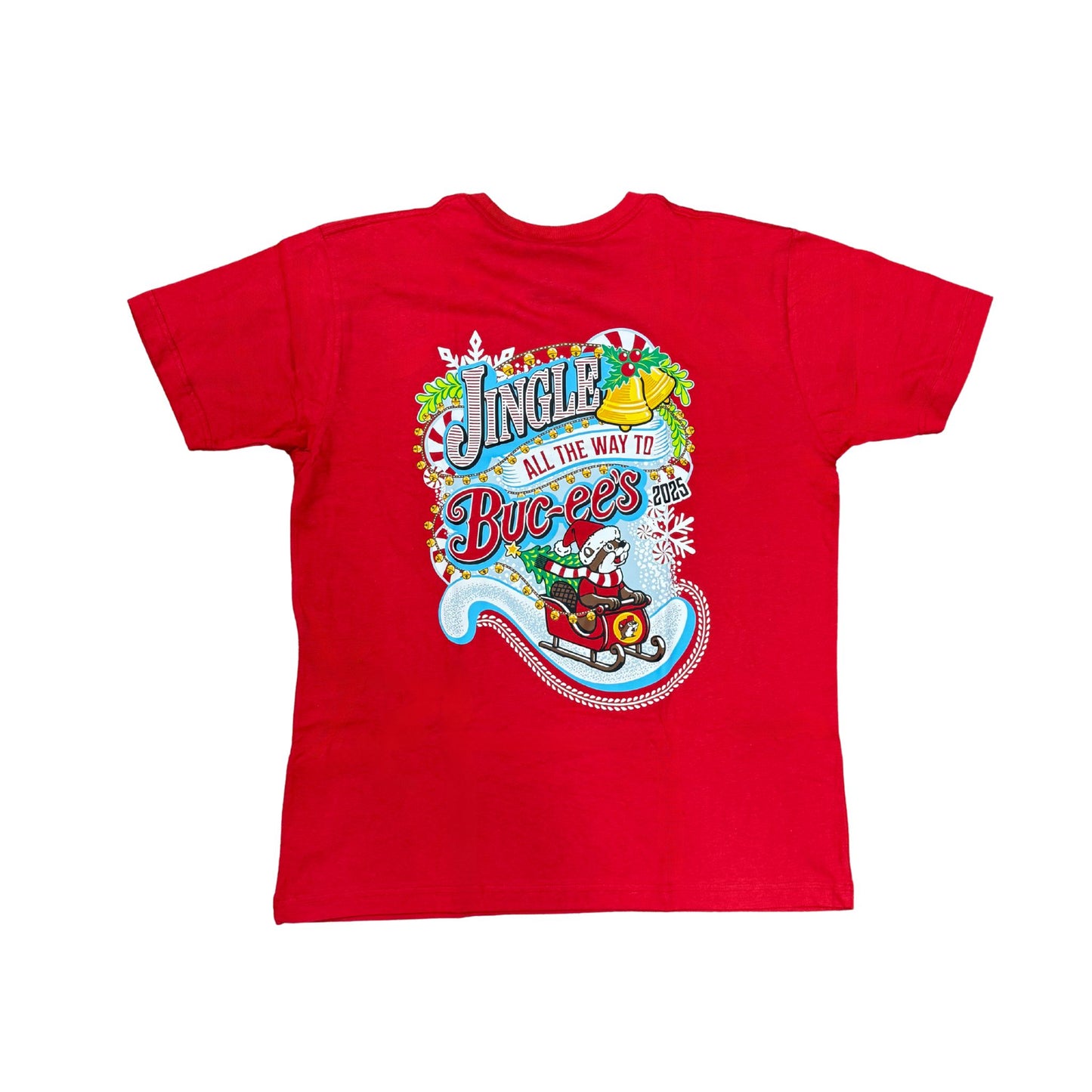 Back view of red Buc-ee's 2025 Christmas t-shirt showing 'Jingle All the Way to Buc-ee's' design with Santa beaver on sleigh, candy canes, and snowflakes