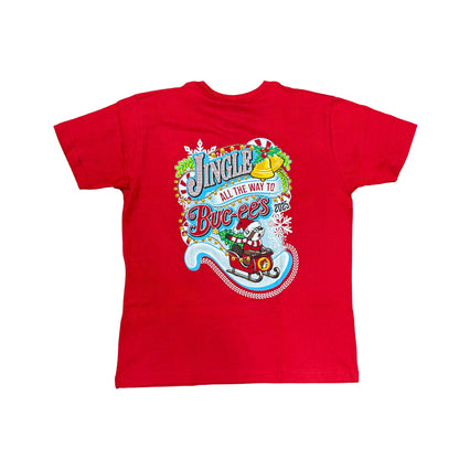 Back view of red Buc-ee's 2025 Christmas t-shirt showing 'Jingle All the Way to Buc-ee's' design with Santa beaver on sleigh, candy canes, and snowflakes