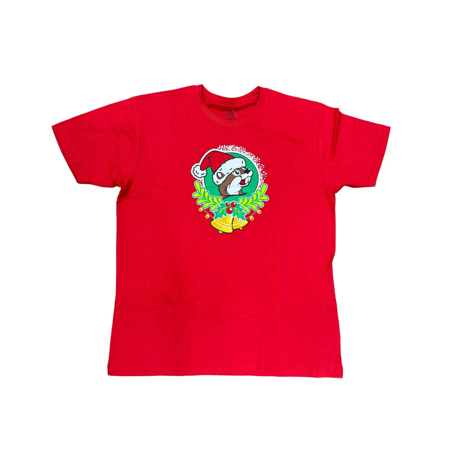 Front view of red Christmas t-shirt featuring Santa beaver in green wreath with golden bells and holly berries