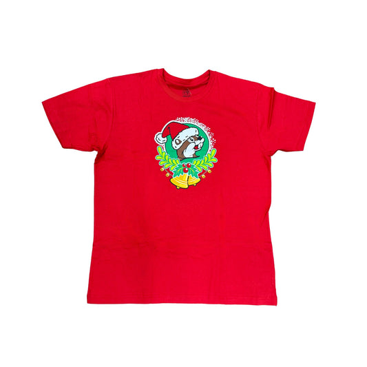Front view of red Christmas t-shirt featuring Santa beaver in green wreath with golden bells and holly berries