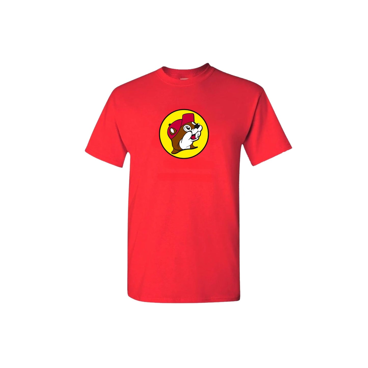 Red Buc-ee's t-shirt with iconic yellow circle logo featuring beaver in signature colors on center chest, bold unisex design