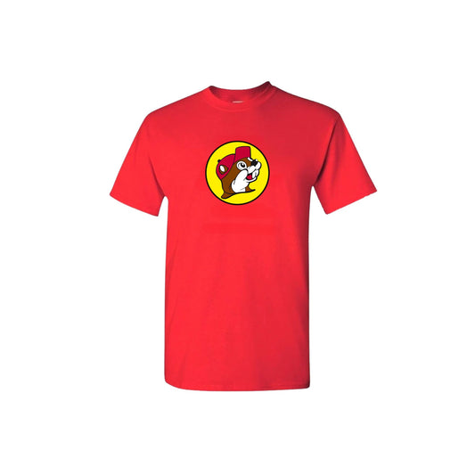 Red Buc-ee's t-shirt with iconic yellow circle logo featuring beaver in signature colors on center chest, bold unisex design