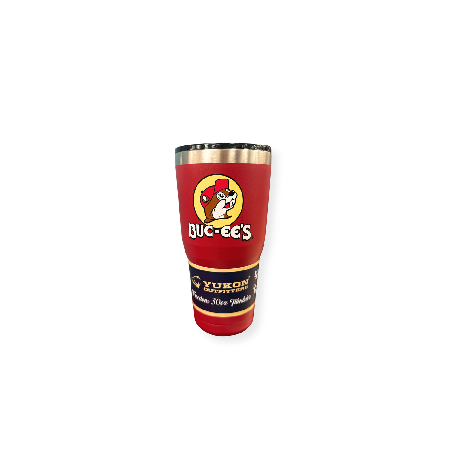 Buc-ee's x Yukon Outfitters 30oz tumbler showing Bucky logo and branding on red body with navy band detail and tapered cup holder friendly design