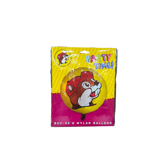 Buc-ee's classic round foil balloon in Party Time branded yellow packaging featuring iconic Bucky logo design, 18-inch mylar balloon