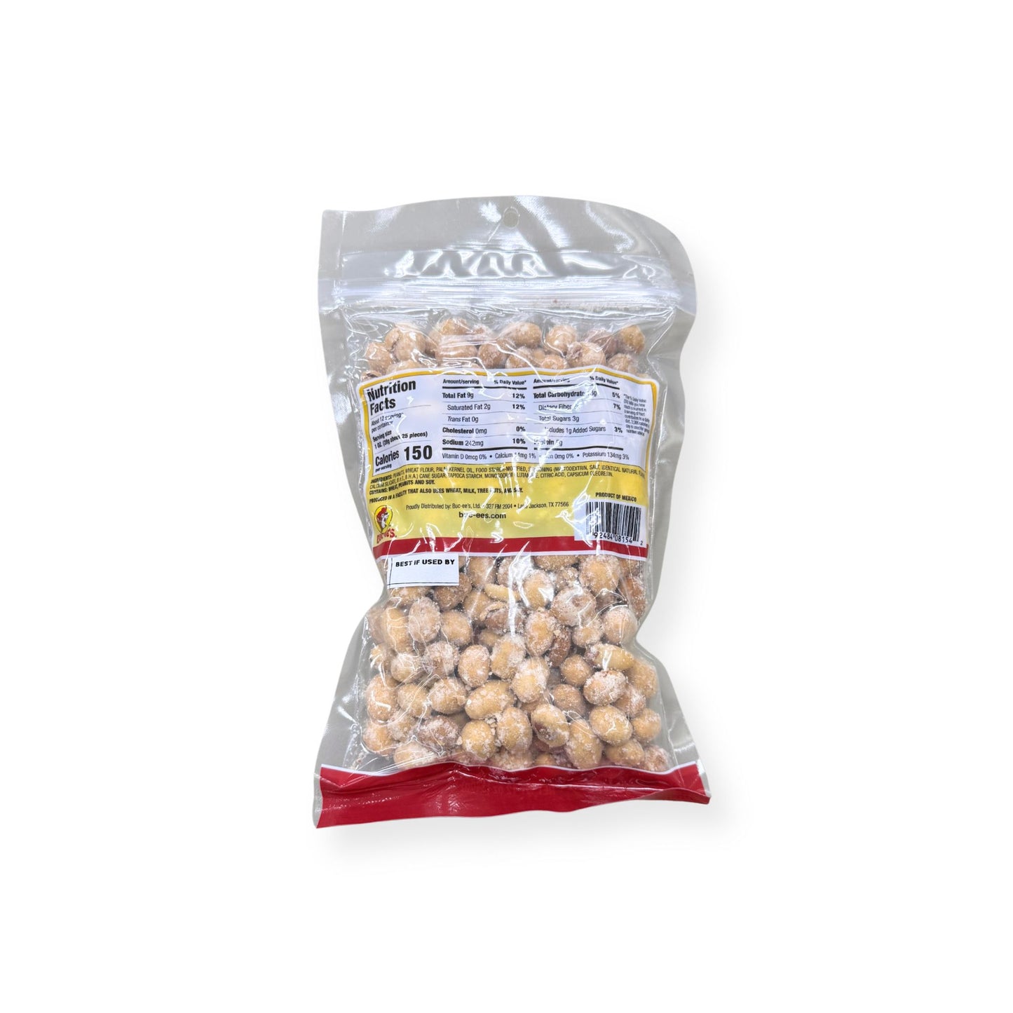 Buc-ee's Salsa Verde Coated Peanuts 12 oz clear plastic bag back view showing detailed nutrition facts label with 150 calories per serving and ingredient information