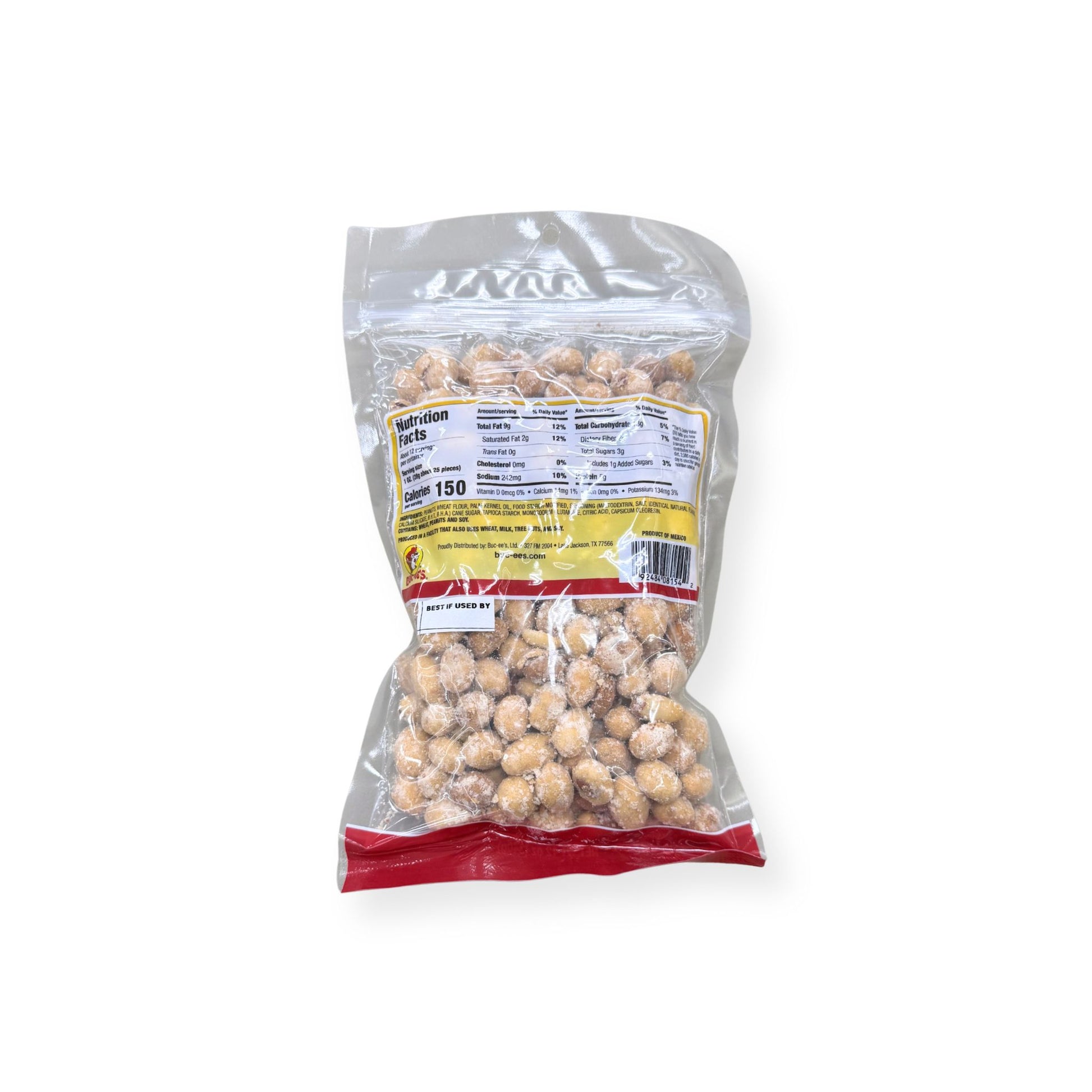 Buc-ee's Salsa Verde Coated Peanuts 12 oz clear plastic bag back view showing detailed nutrition facts label with 150 calories per serving and ingredient information