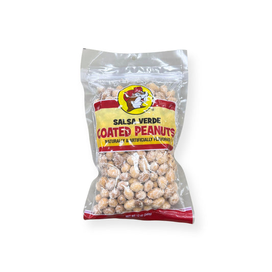 Buc-ee's Salsa Verde Coated Peanuts 12 oz clear plastic bag front view featuring iconic red beaver mascot logo, "SALSA VERDE COATED PEANUTS" text, and visible seasoned peanuts through clear packaging