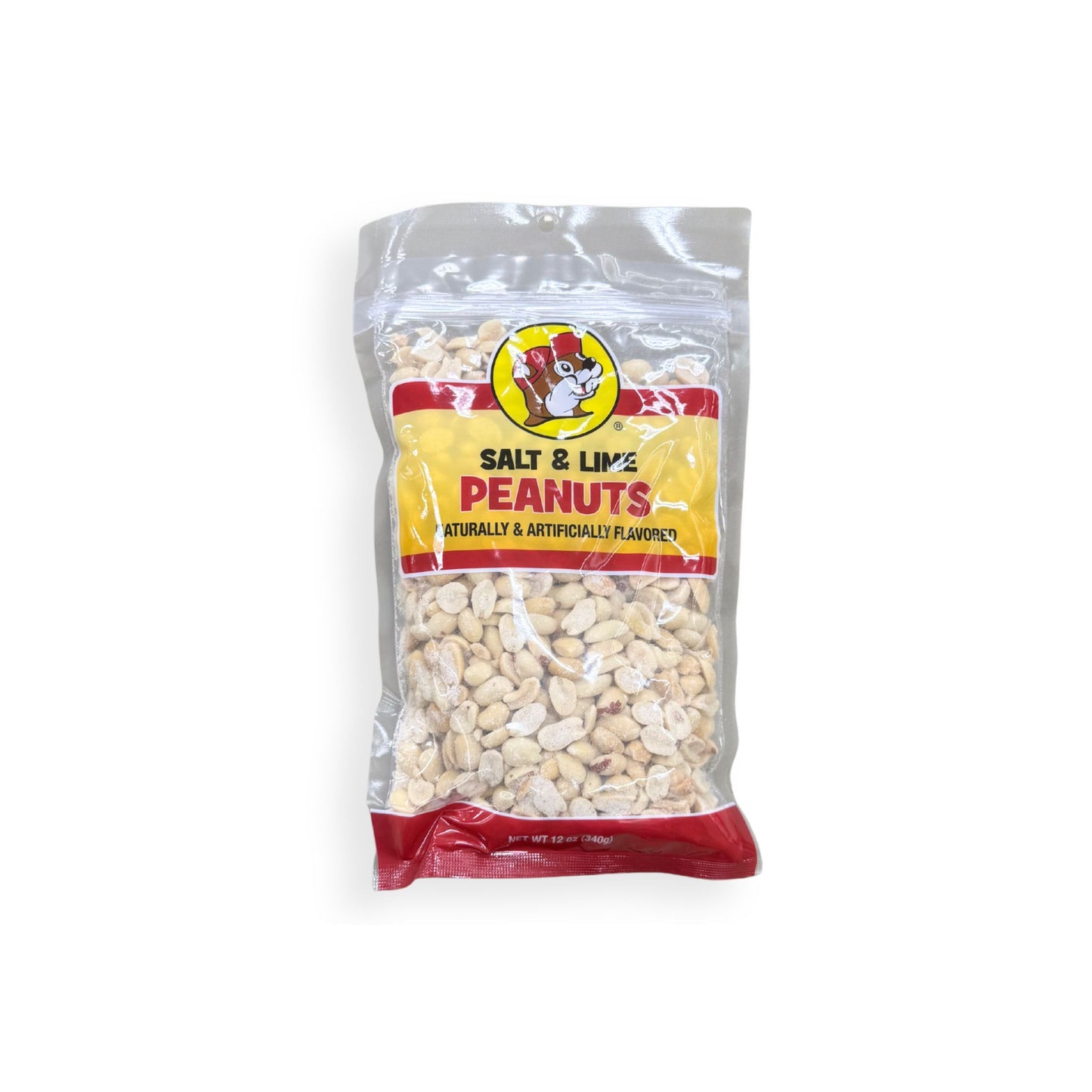 Buc-ee's Salt & Lime Peanuts 12 oz clear plastic bag front view featuring iconic red beaver mascot logo, "SALT & LIME PEANUTS" text, and visible seasoned peanuts through clear packaging