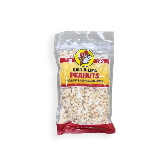 Buc-ee's Salt & Lime Peanuts 12 oz clear plastic bag front view featuring iconic red beaver mascot logo, "SALT & LIME PEANUTS" text, and visible seasoned peanuts through clear packaging