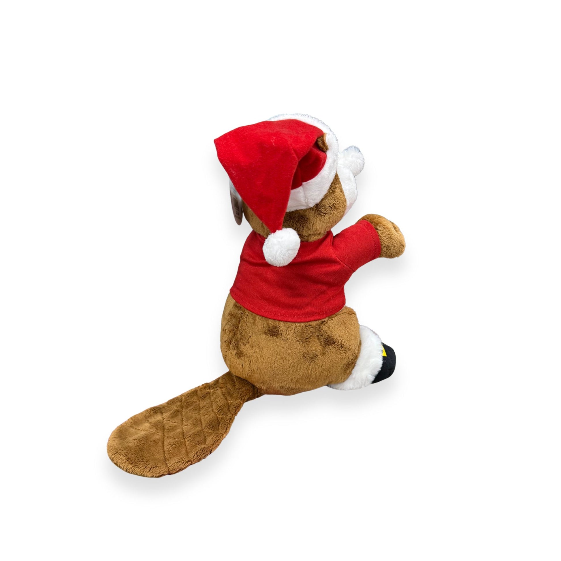 Buc-ee's Santa beaver plush from behind showing fluffy tail, red Santa suit, black boots with buckles, and Santa hat with white pom-pom