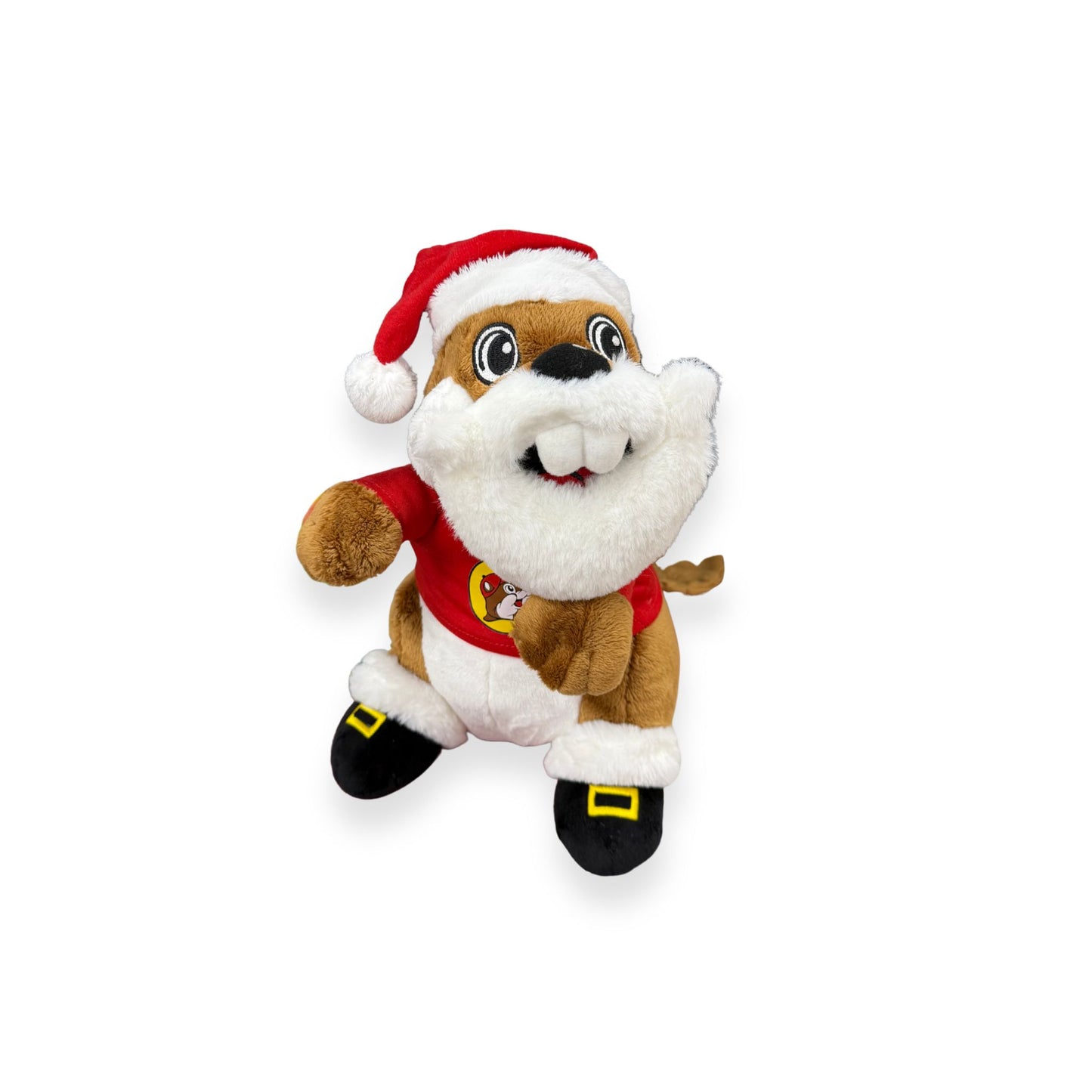 Front view of Buc-ee's Santa beaver plush showing fluffy white beard, Santa hat, red suit with logo, and black boots with golden buckles