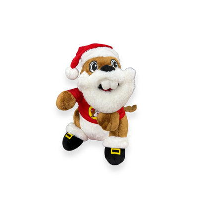 Front view of Buc-ee's Santa beaver plush showing fluffy white beard, Santa hat, red suit with logo, and black boots with golden buckles