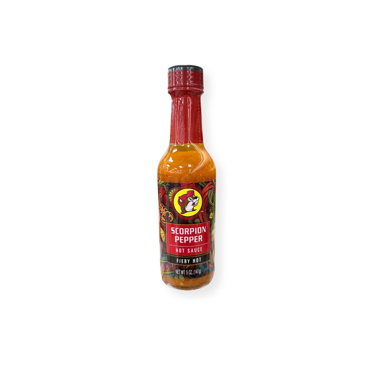 Buc-ee's Scorpion Pepper Hot Sauce 5 oz bottle front view featuring red bottle cap with beaver mascot logo, "SCORPION PEPPER HOT SAUCE" text, "FIERY HOT" designation, and vibrant artistic label with pepper graphics
