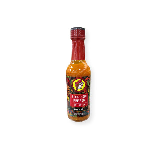 Buc-ee's Scorpion Pepper Hot Sauce 5 oz bottle front view featuring red bottle cap with beaver mascot logo, "SCORPION PEPPER HOT SAUCE" text, "FIERY HOT" designation, and vibrant artistic label with pepper graphics