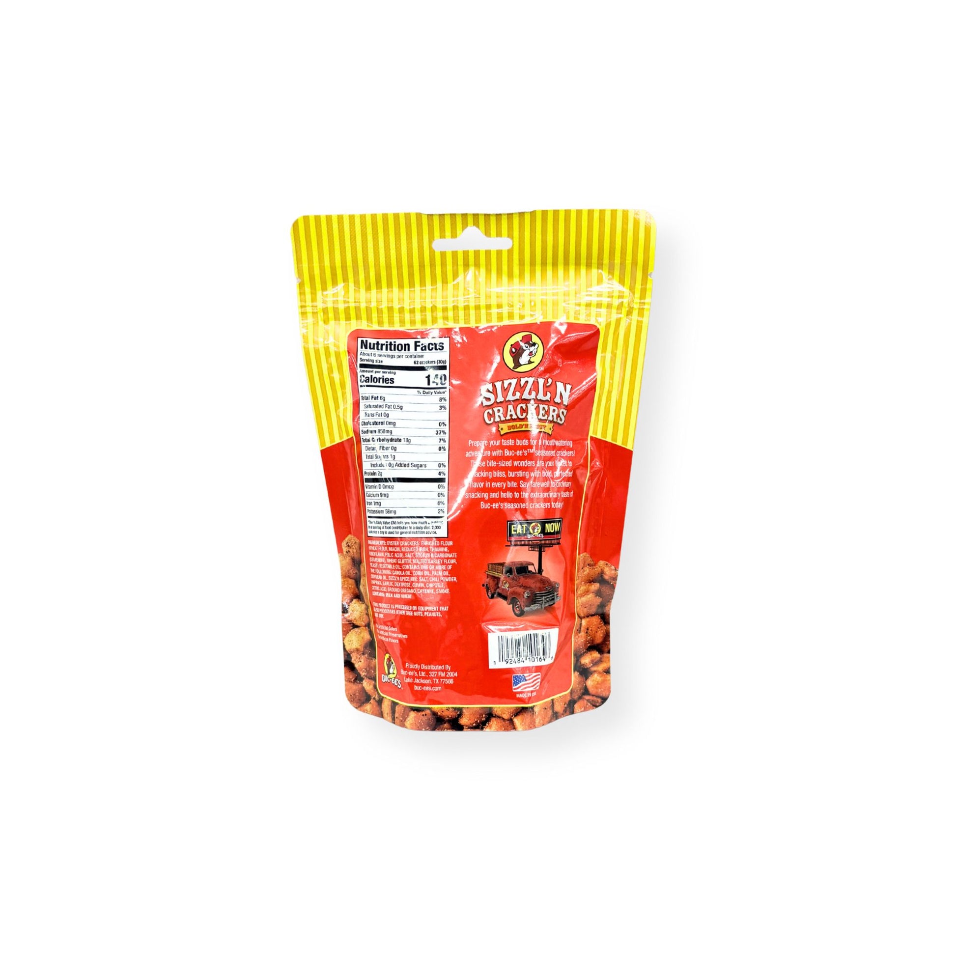 Buc-ee's Sizzlin' Crackers 6 oz yellow and red pouch back view showing detailed nutrition facts label with 140 calories per serving and spicy cracker product information