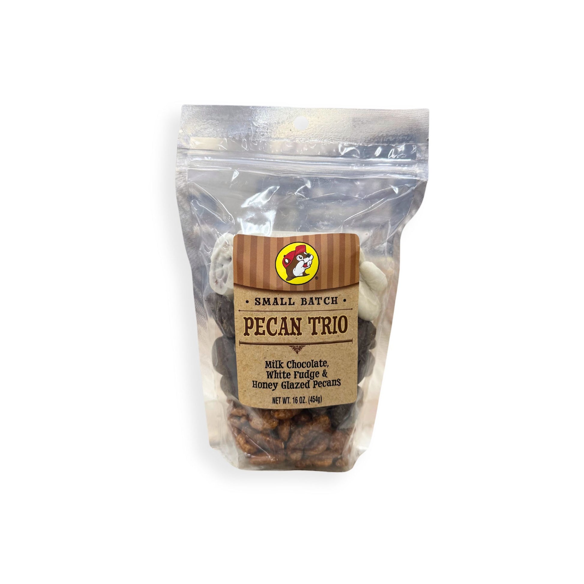 Buc-ee's small batch pecan trio front label with striped brown design, Bucky beaver logo, three varieties of premium pecans in resealable bag