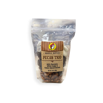Buc-ee's small batch pecan trio front label with striped brown design, Bucky beaver logo, three varieties of premium pecans in resealable bag