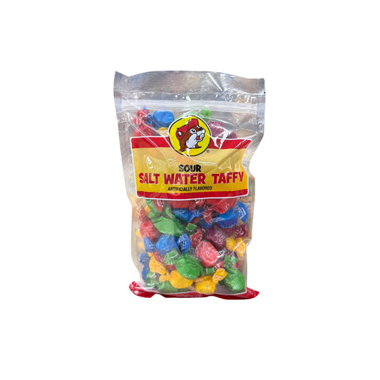 Buc-ee's sour salt water taffy bag showing bright multi-colored individually wrapped candy pieces with Bucky logo on yellow and red label