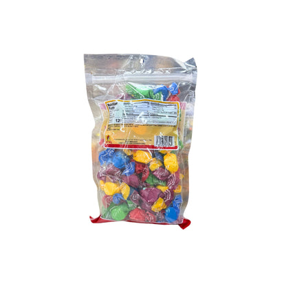 Buc-ee's sour taffy bag back showing nutrition facts with rainbow colored individually wrapped taffy candies in red, blue, green, yellow, purple