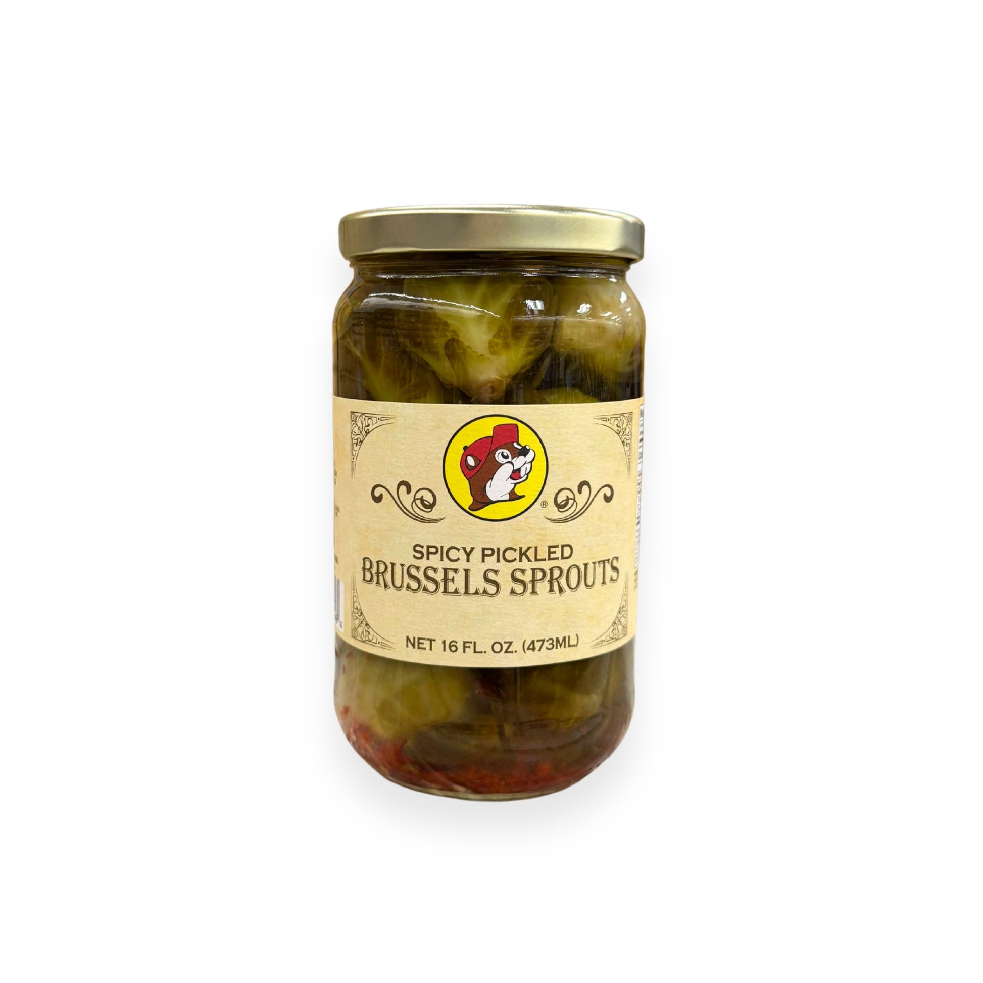 Buc-ee's Spicy Pickled Brussels Sprouts 16 fl oz glass jar front view featuring iconic red beaver mascot logo, ornate vintage-style label design, and clear view of pickled Brussels sprouts in spicy brine