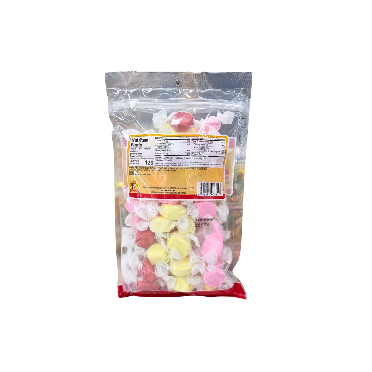 Buc-ee's state fair taffy bag back showing nutrition facts with pink, yellow and assorted colored individually wrapped taffy candies
