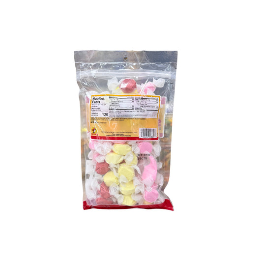 Buc-ee's state fair taffy bag back showing nutrition facts with pink, yellow and assorted colored individually wrapped taffy candies