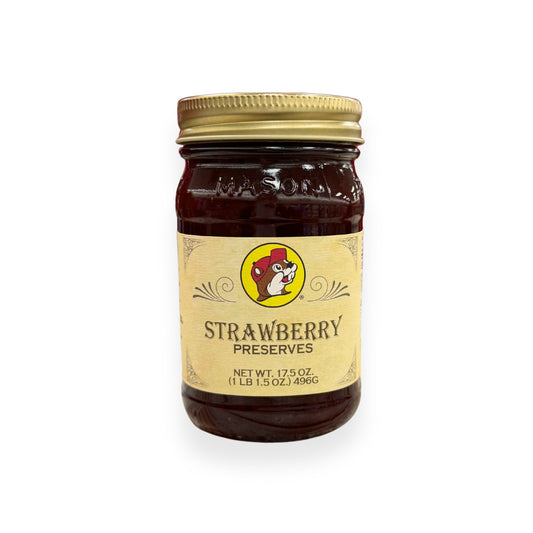Buc-ee's Strawberry Preserves 17.5 oz mason jar front view featuring iconic red beaver mascot logo and classic mason jar styling with golden lid, showing net weight 1 lb 1.5 oz