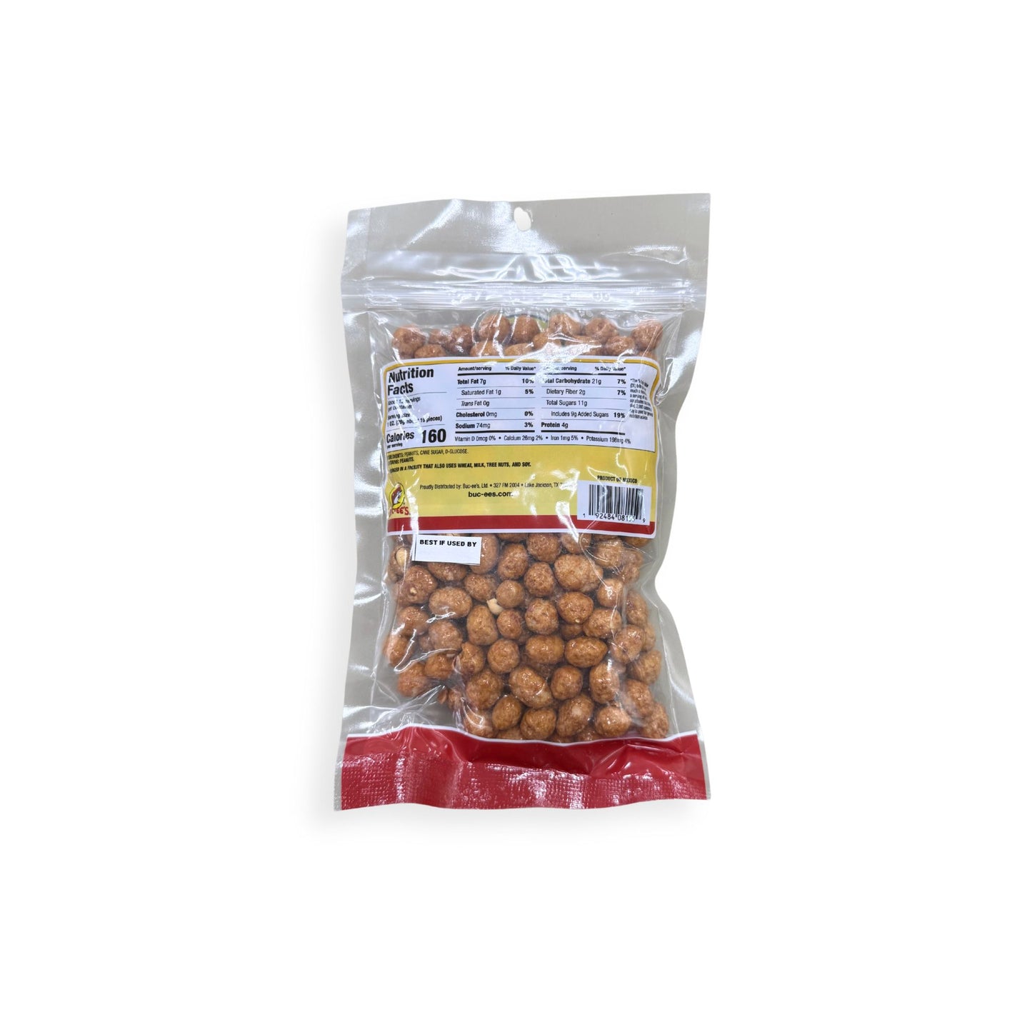 Buc-ee's Sweet Coated Peanuts 12 oz clear plastic bag back view showing detailed nutrition facts label with 160 calories per serving and ingredient information