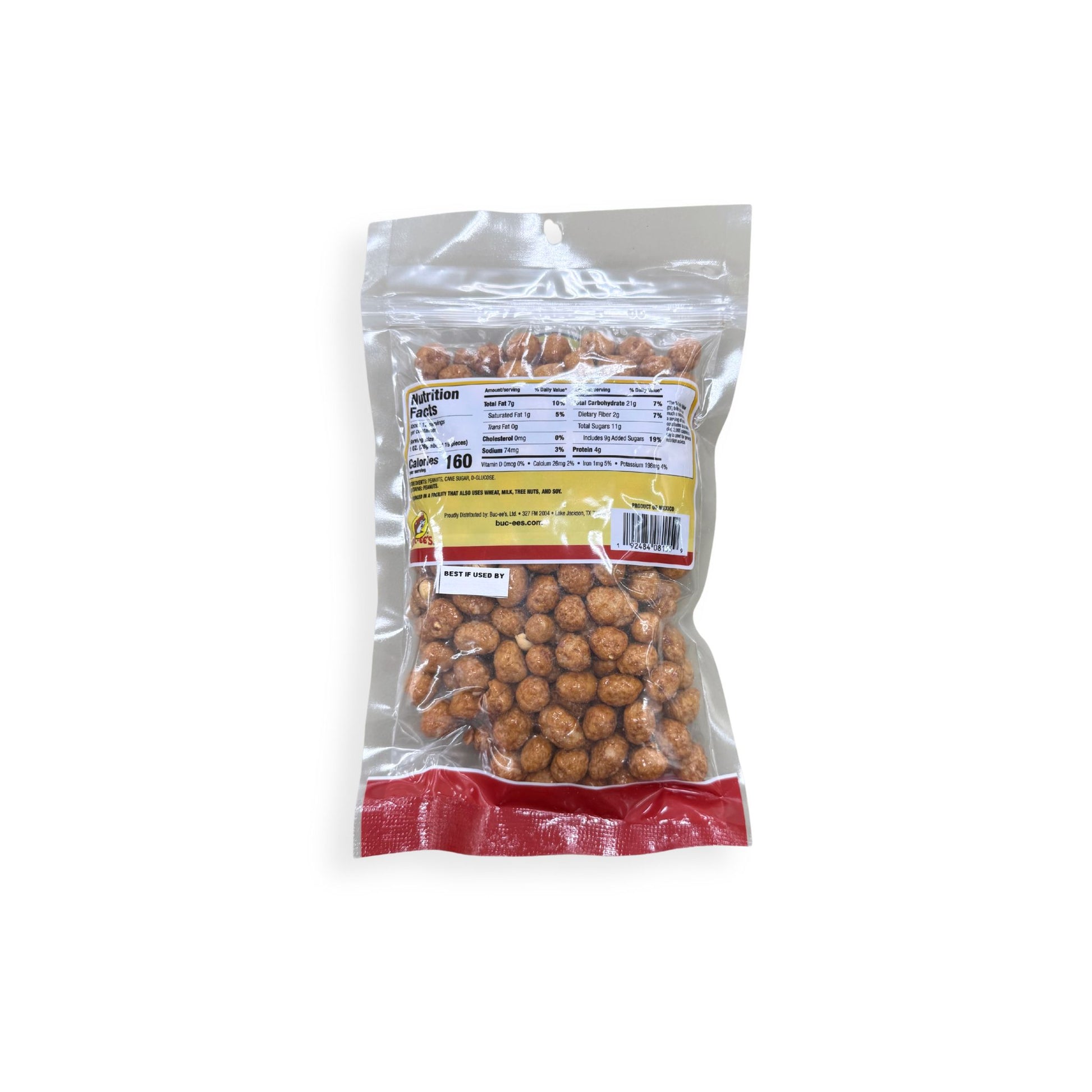 Buc-ee's Sweet Coated Peanuts 12 oz clear plastic bag back view showing detailed nutrition facts label with 160 calories per serving and ingredient information