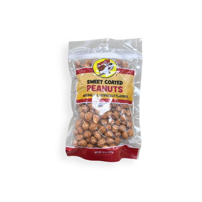 Buc-ee's Sweet Coated Peanuts 12 oz clear plastic bag front view featuring iconic red beaver mascot logo, "SWEET COATED PEANUTS" text, and visible candy-coated peanuts through clear packaging