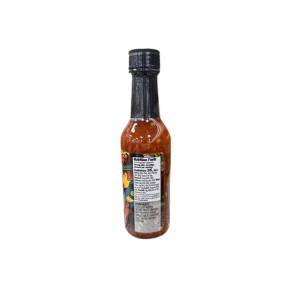 Buc-ee's Sweet & Spicy Ghost Pepper Hot Sauce 5 oz bottle back view showing detailed nutrition facts label with 10 calories per serving and ingredient list highlighting ghost peppers and sweet spicy blend