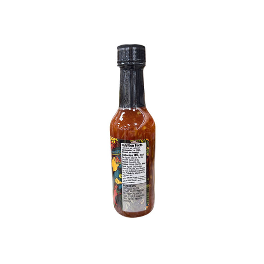 Buc-ee's Sweet & Spicy Ghost Pepper Hot Sauce 5 oz bottle back view showing detailed nutrition facts label with 10 calories per serving and ingredient list highlighting ghost peppers and sweet spicy blend