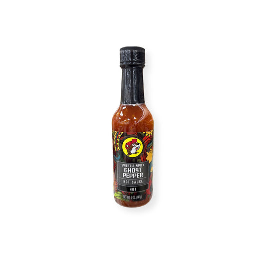 Buc-ee's Sweet & Spicy Ghost Pepper Hot Sauce 5 oz bottle front view featuring colorful artistic label with beaver mascot logo, "SWEET & SPICY GHOST PEPPER HOT SAUCE" text, "HOT" designation, and vibrant pepper-themed graphics