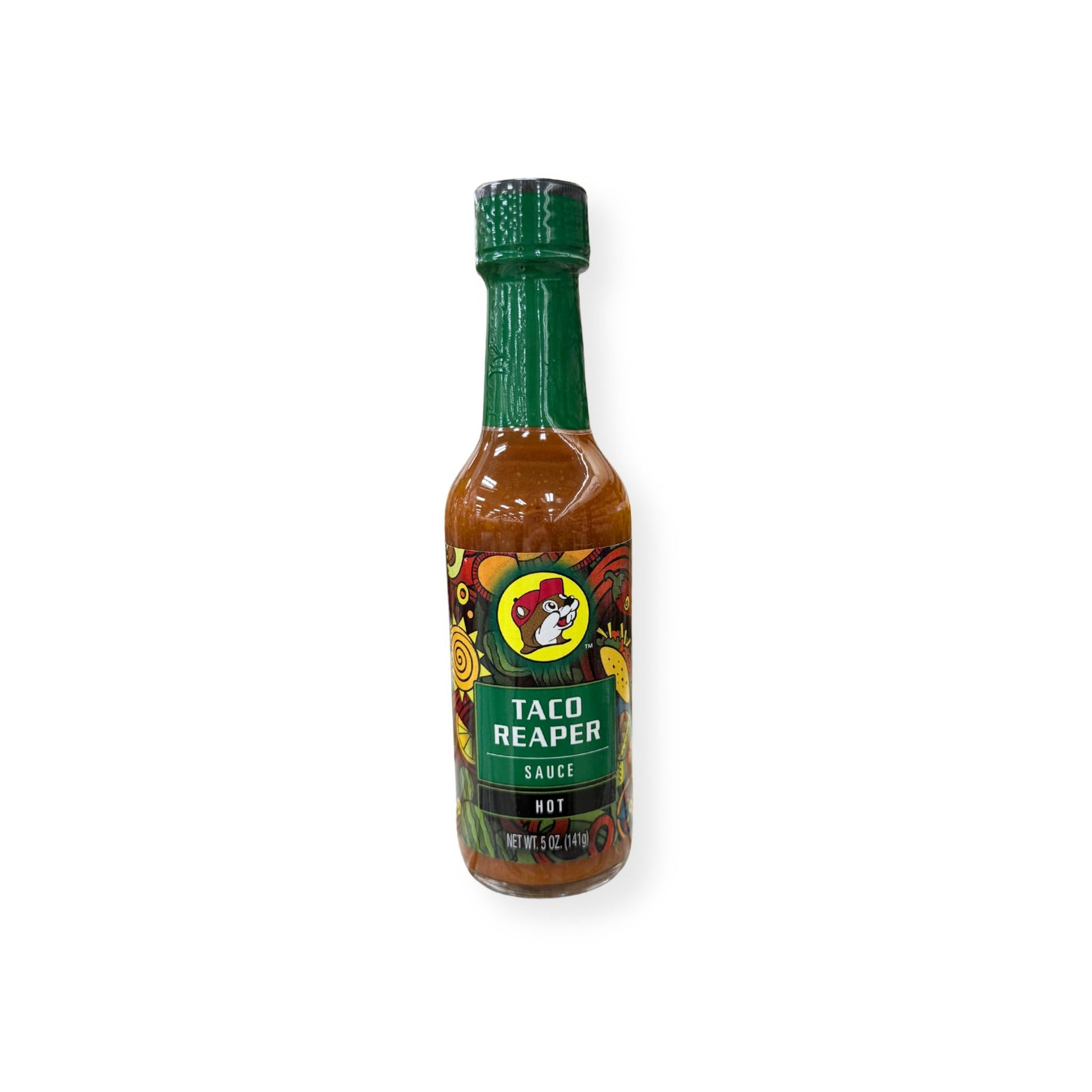 Buc-ee's Taco Reaper Sauce Hot 5 oz bottle front view featuring colorful Mexican-inspired label design with beaver mascot logo, "TACO REAPER SAUCE HOT" text, and vibrant graphics showing peppers and Mexican motifs