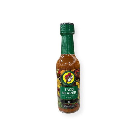 Buc-ee's Taco Reaper Sauce Hot 5 oz bottle front view featuring colorful Mexican-inspired label design with beaver mascot logo, "TACO REAPER SAUCE HOT" text, and vibrant graphics showing peppers and Mexican motifs
