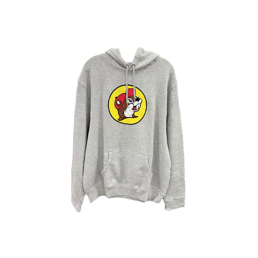 Gray heather unisex Buc-ee's hoodie with large colorful beaver logo on chest, featuring kangaroo pocket and drawstring hood