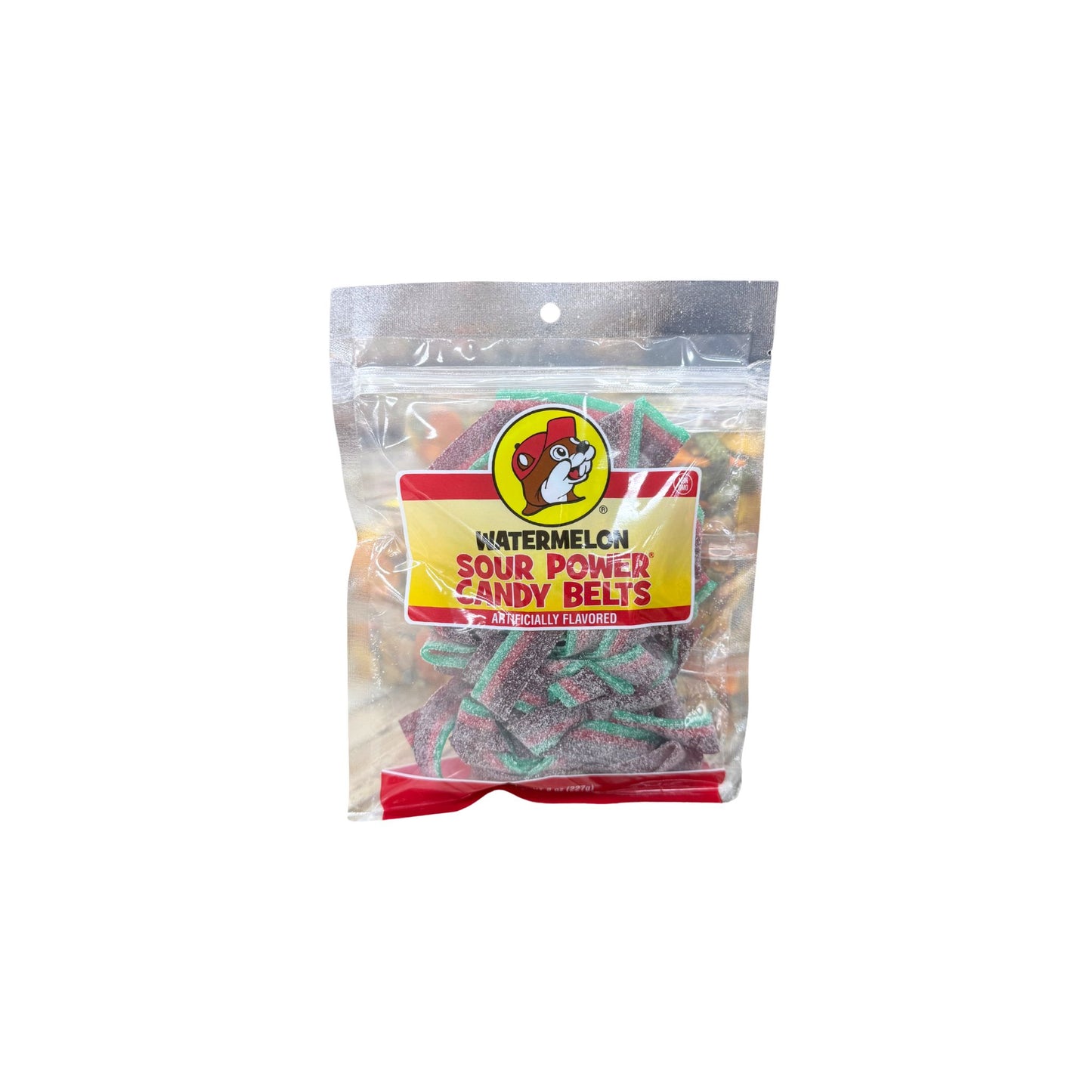 Buc-ee's watermelon sour power candy belts in resealable bag showing colorful striped chewy candy strips with Bucky logo on yellow and red label