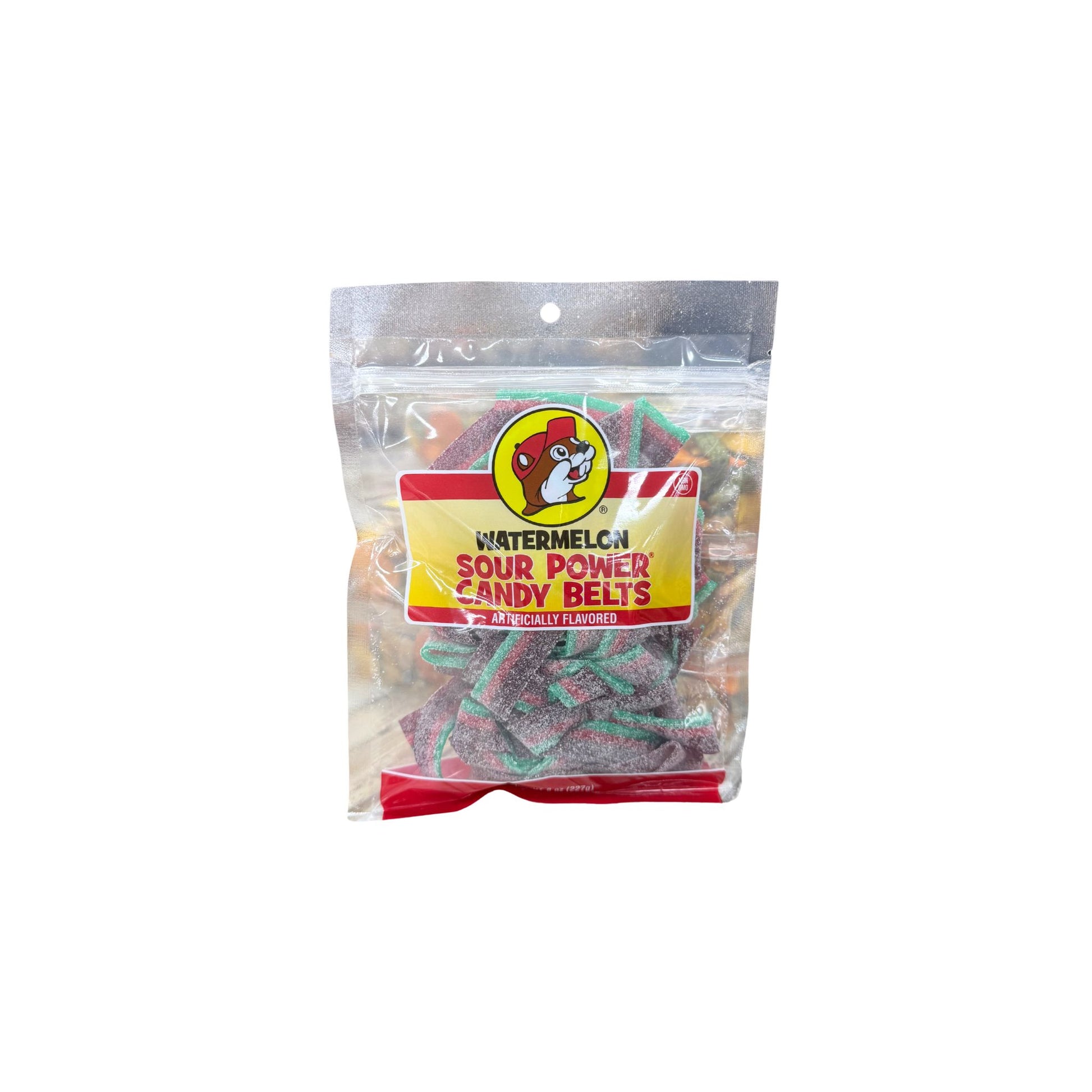 Buc-ee's watermelon sour power candy belts in resealable bag showing colorful striped chewy candy strips with Bucky logo on yellow and red label