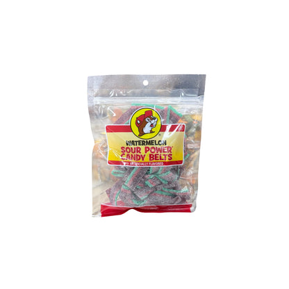 Buc-ee's watermelon sour power candy belts in resealable bag showing colorful striped chewy candy strips with Bucky logo on yellow and red label