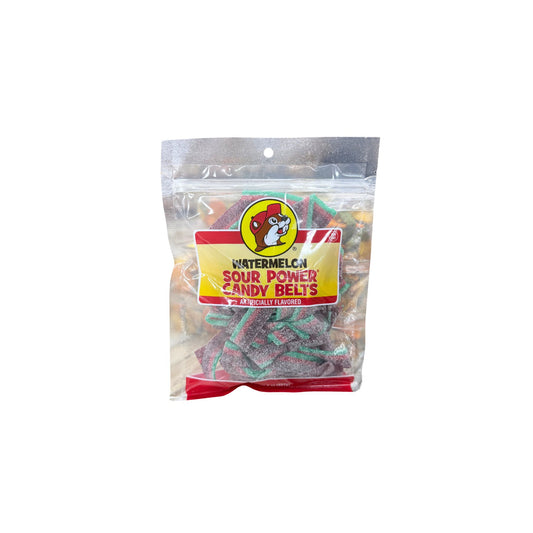 Buc-ee's watermelon sour power candy belts in resealable bag showing colorful striped chewy candy strips with Bucky logo on yellow and red label