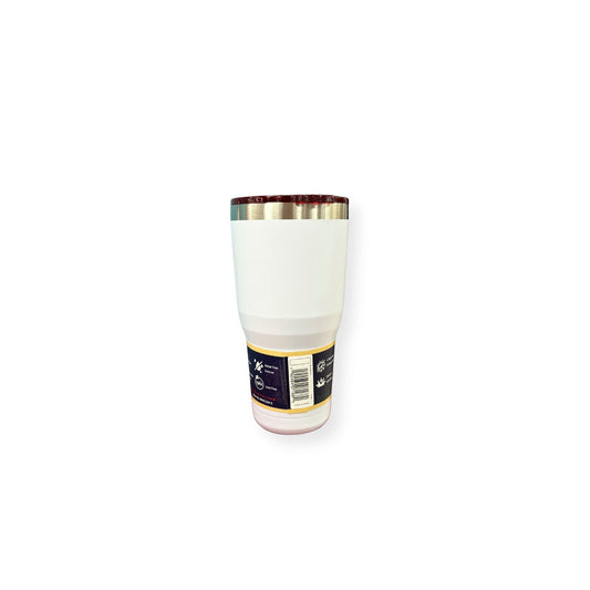 Yukon Outfitters 30oz white Freedom tumbler with stainless steel rim and product specification label on bottom