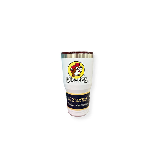 Front view of Buc-ee's white Freedom tumbler showing classic beaver logo and clean minimalist design