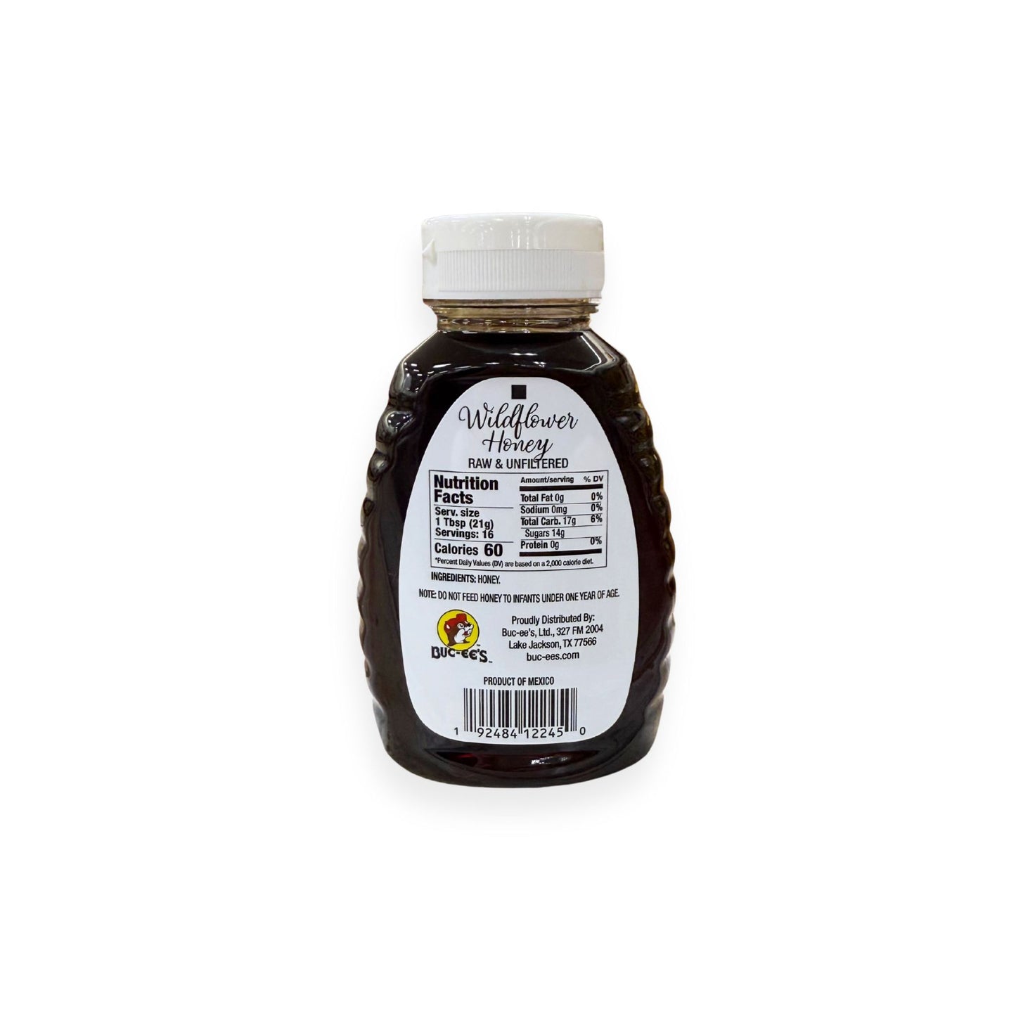 Buc-ee's wildflower honey 12oz bottle back view showing nutrition label, raw and unfiltered, bear-shaped container with white cap