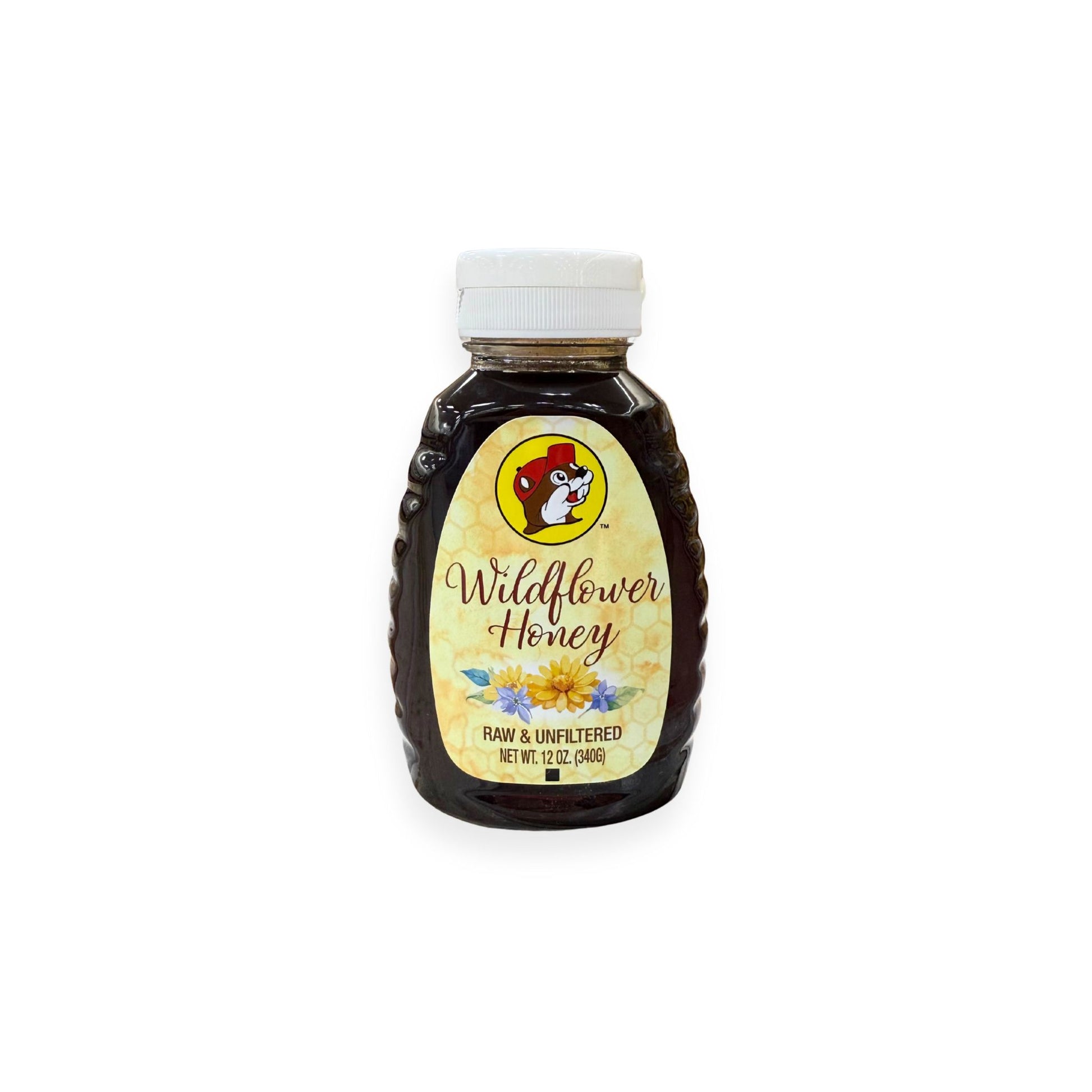 Buc-ee's wildflower honey 12oz front label with Bucky beaver logo, wildflower design, raw and unfiltered, bear-shaped bottle