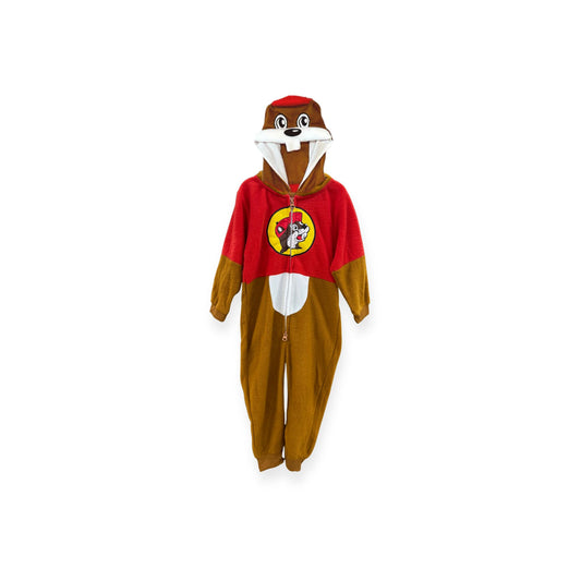 Youth size Buc-ee's beaver onesie in brown and red with hood featuring beaver ears, quilted tail, and full-zip front designed for kids