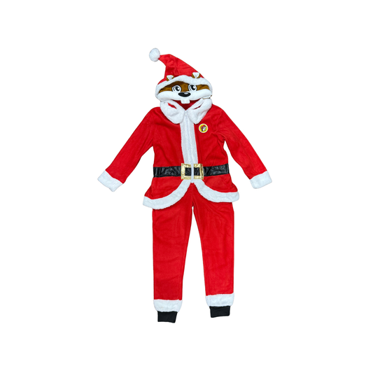 Youth-sized Buc-ee's red Santa onesie pajamas with Bucky beaver face hood wearing Santa hat, white fur trim, black belt detail with gold buckle, covered feet, kids' sizing