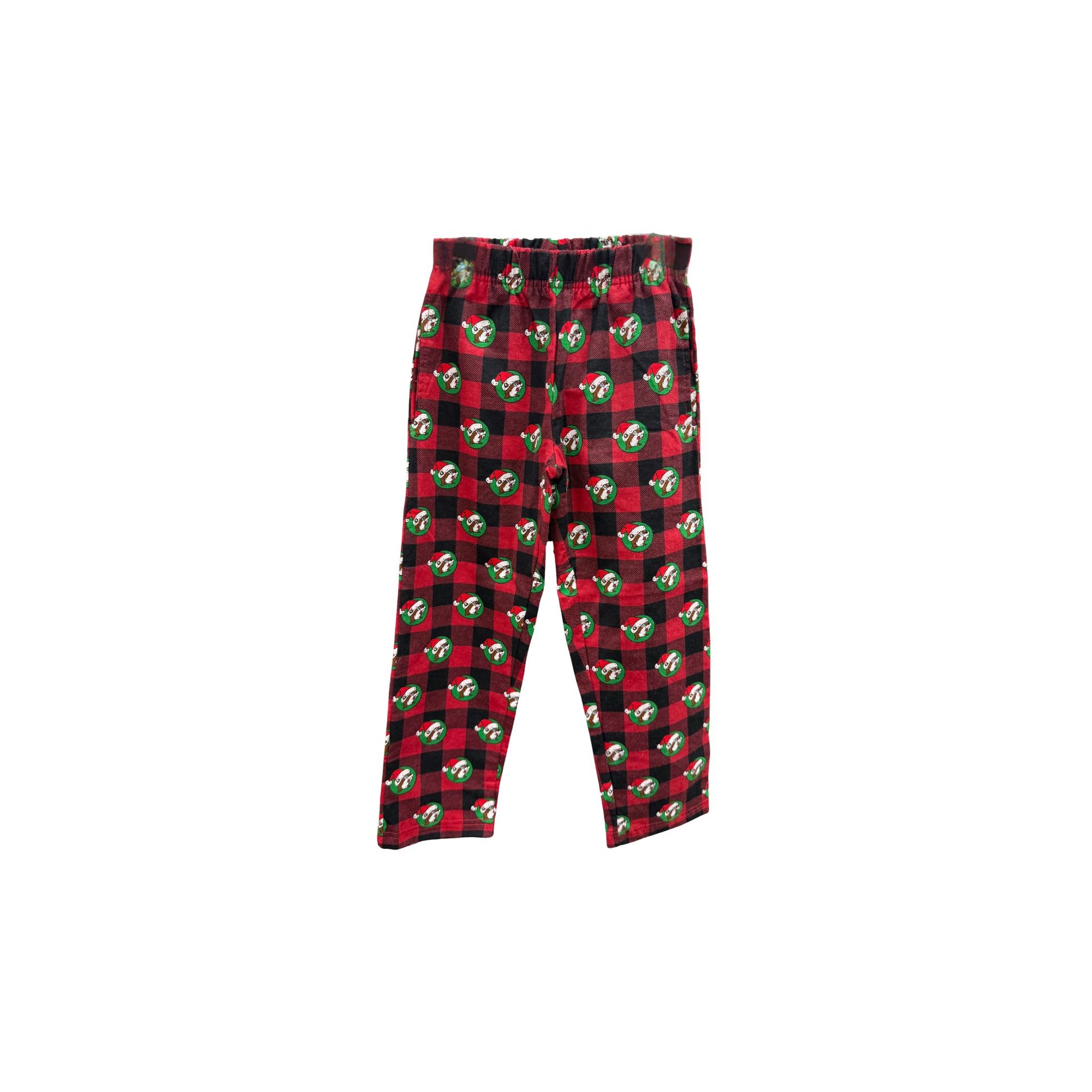 Youth size Buc-ee's Christmas pajama pants in red and black buffalo plaid with Santa beaver in green wreath circles, elastic waistband for kids
