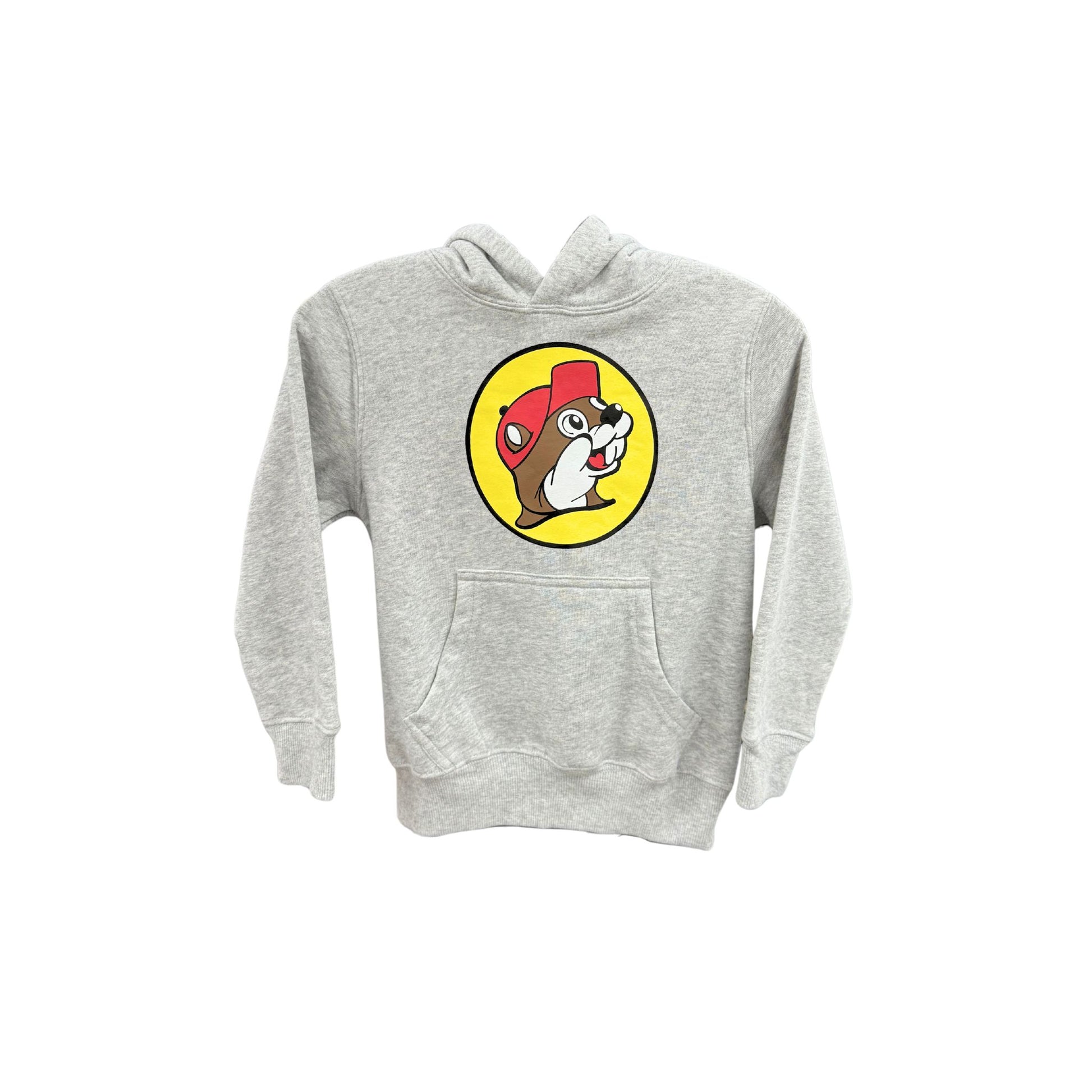 Youth size gray Buc-ee's sweatshirt with colorful beaver logo on chest, designed for kids and young fans