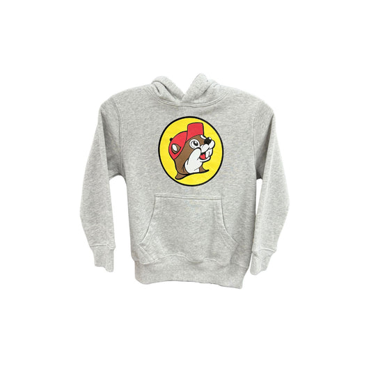 Youth size gray Buc-ee's sweatshirt with colorful beaver logo on chest, designed for kids and young fans