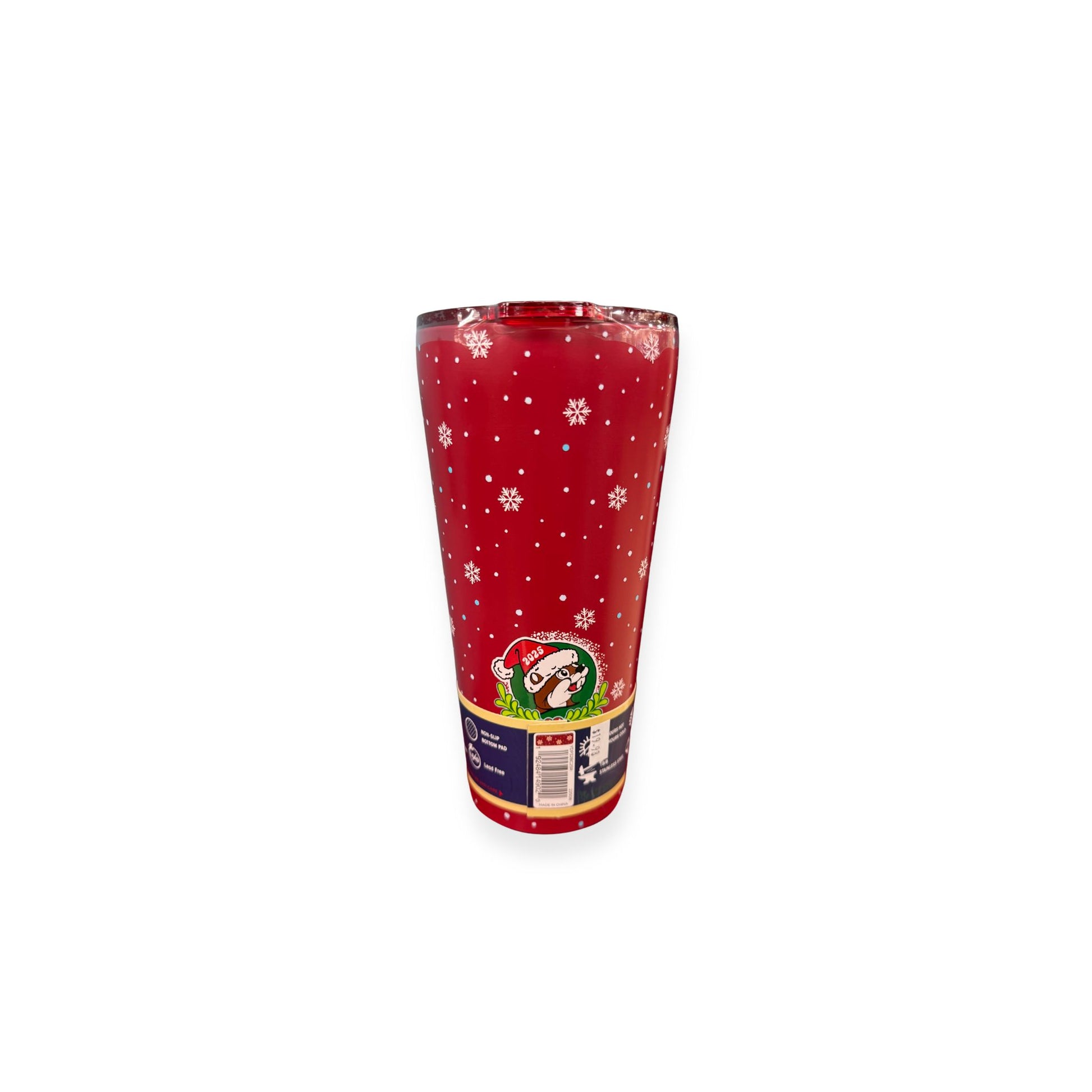 Front view of Buc-ee's Christmas cup showing Santa beaver in green wreath with holly berries and snowflake pattern